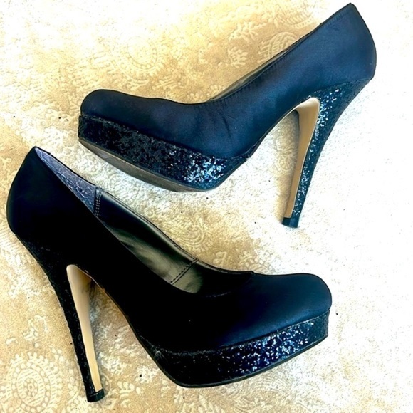 Steve Madden Black 5" High Heels Platform Pumps Satin Black Glitter Sexy Formal - Picture 13 of 16